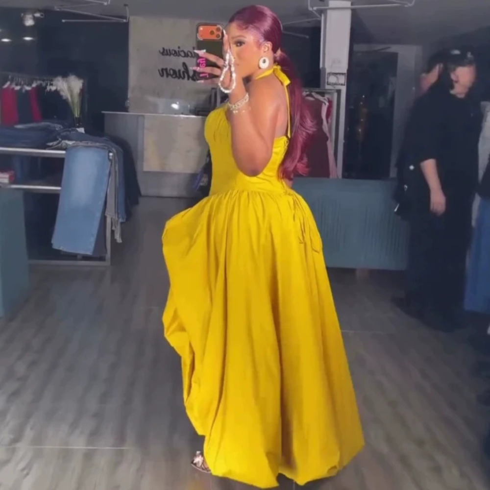 Sexy African Style Halter Neck Strapless Solid Color High Slit Gown